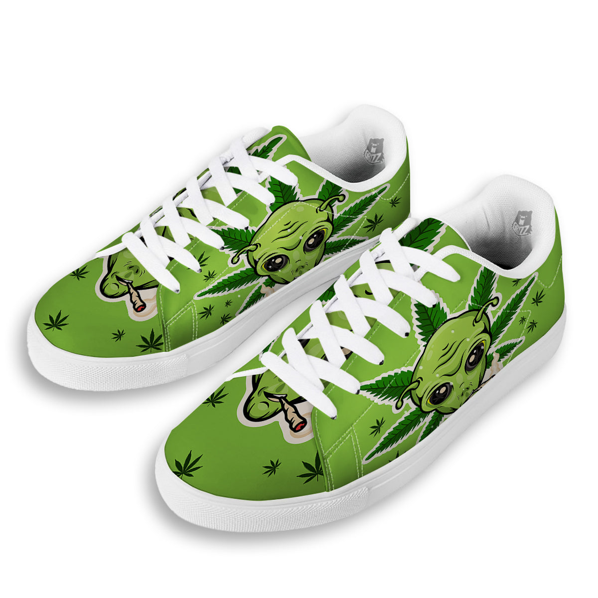 Green Alien Smoking Print White Low Top Sneakers-grizzshop