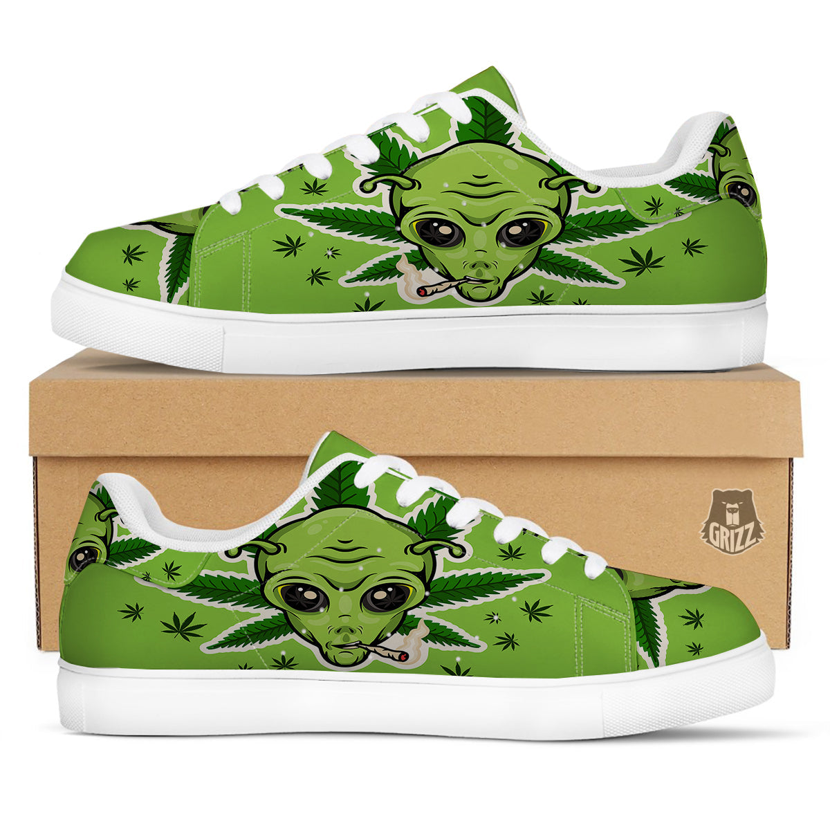 Green Alien Smoking Print White Low Top Sneakers-grizzshop