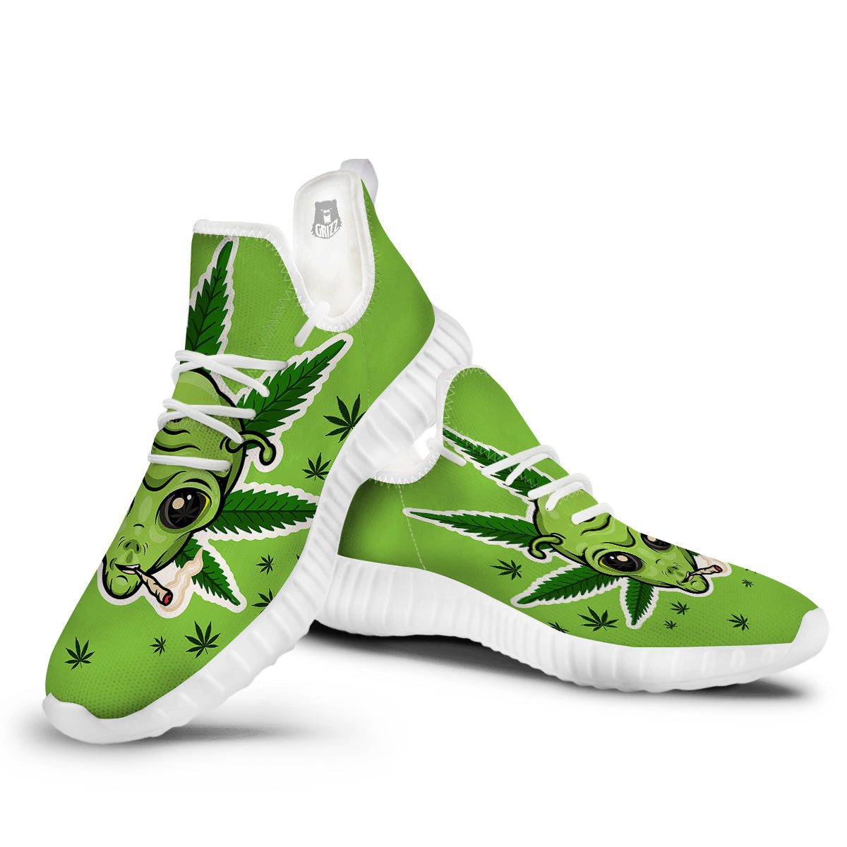 Green Alien Smoking Print White Walking Shoes-grizzshop