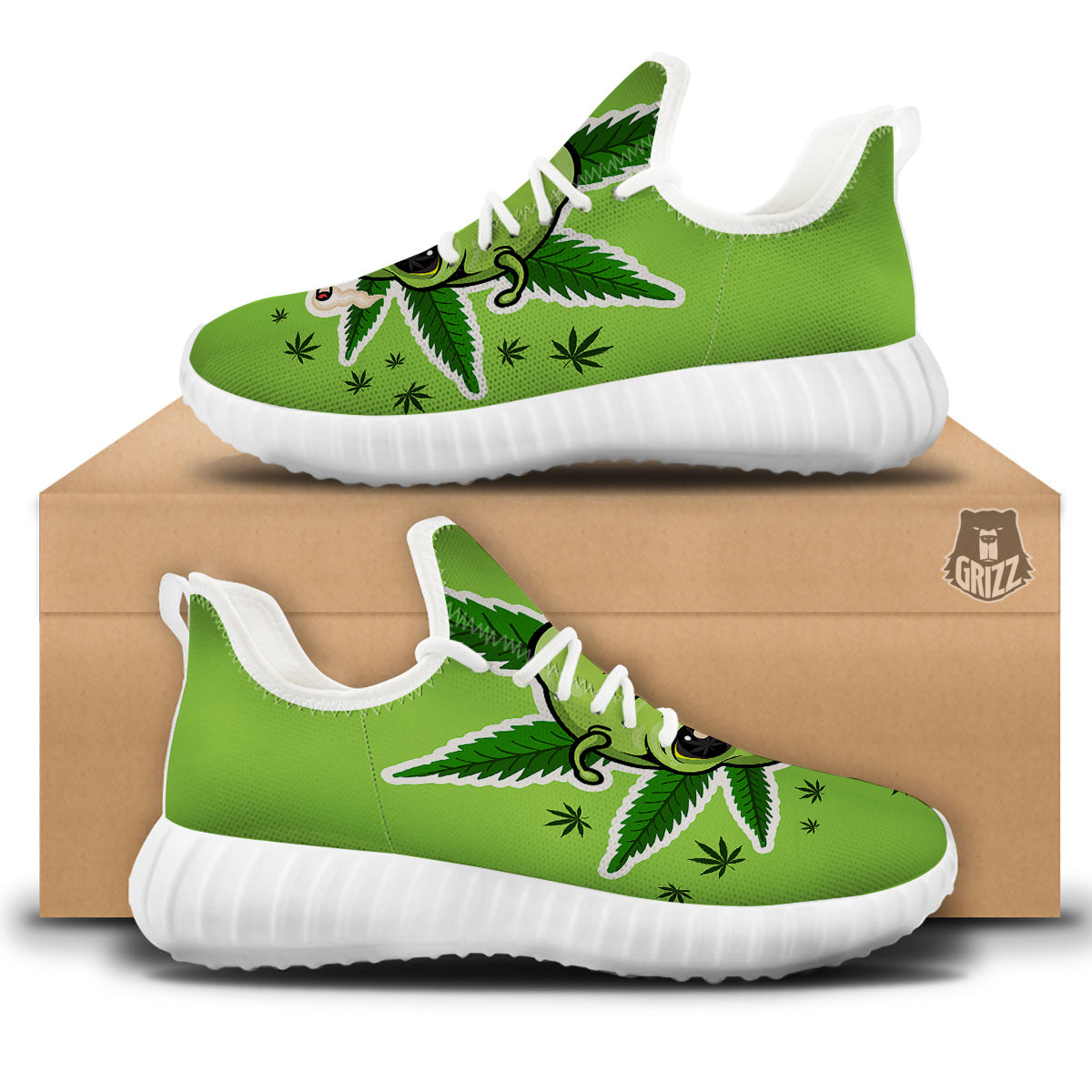 Green Alien Smoking Print White Walking Shoes-grizzshop