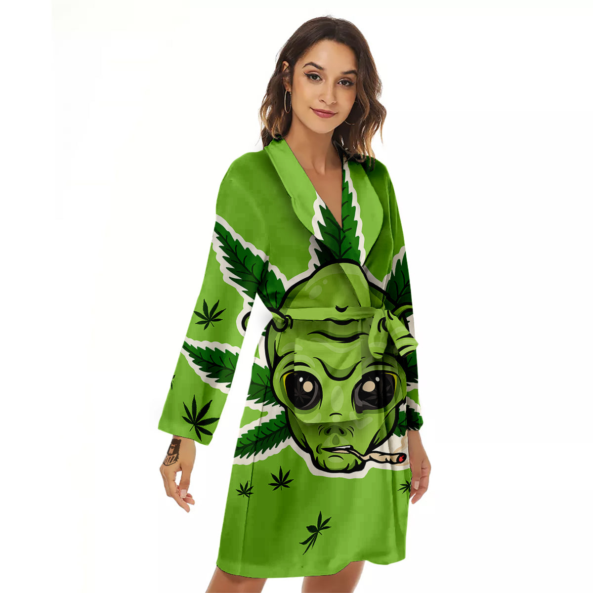 Green Alien Smoking Print Women's Robe-grizzshop