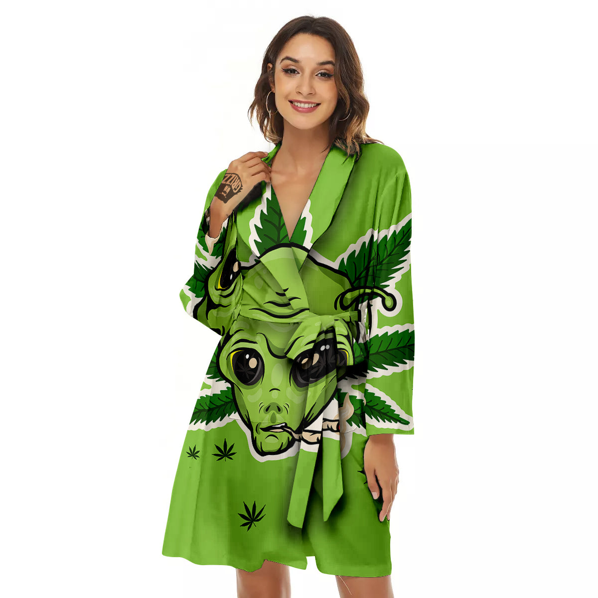Green Alien Smoking Print Women's Robe-grizzshop