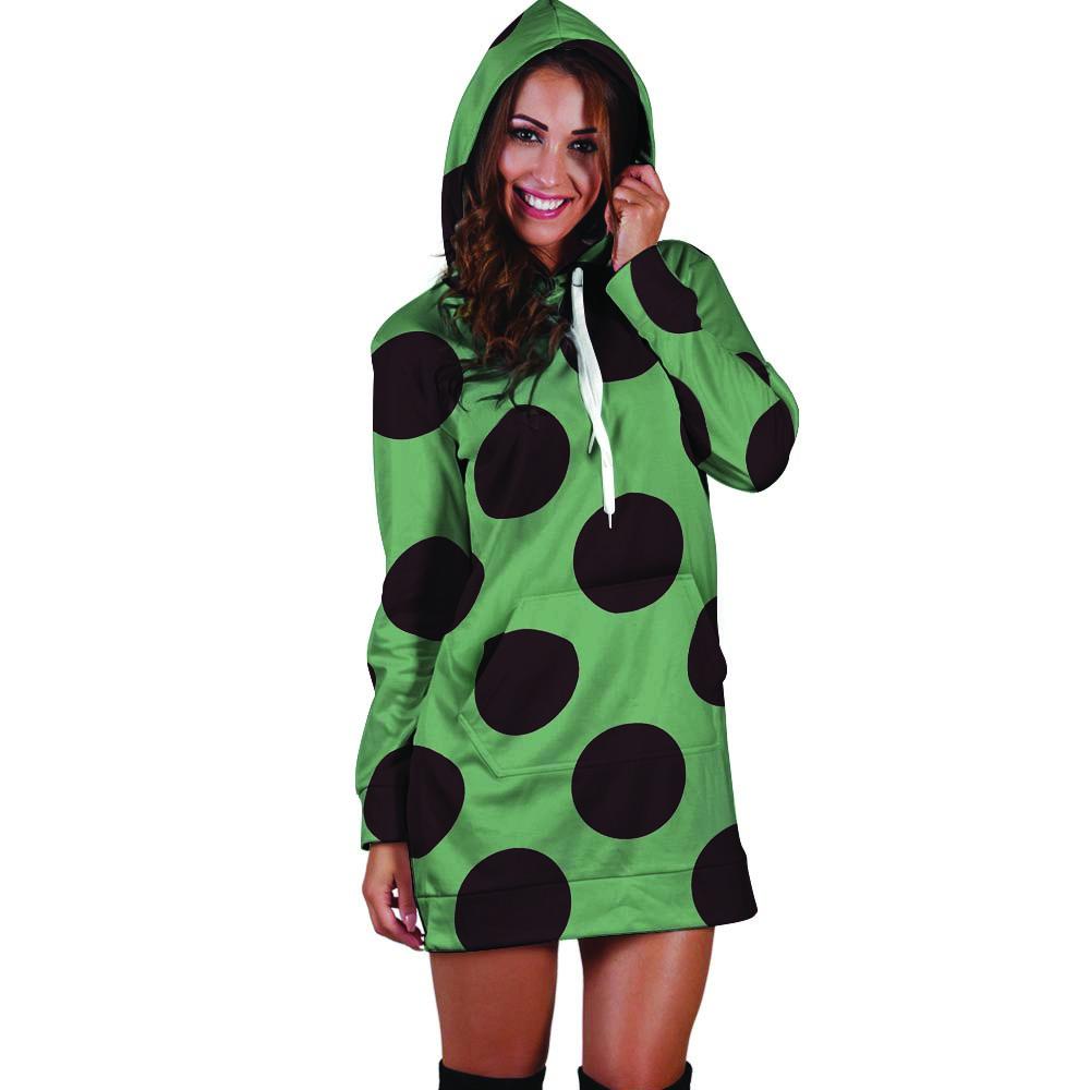 Green And Black Polka Dot Hoodie Dress-grizzshop