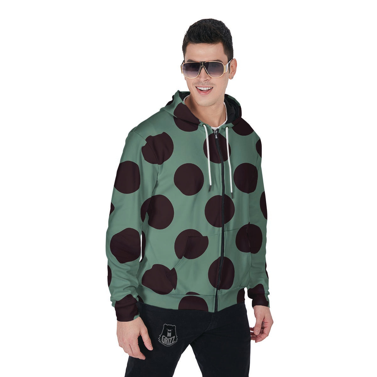 Green And Black Polka Dot Men's Zip Up Hoodie-grizzshop