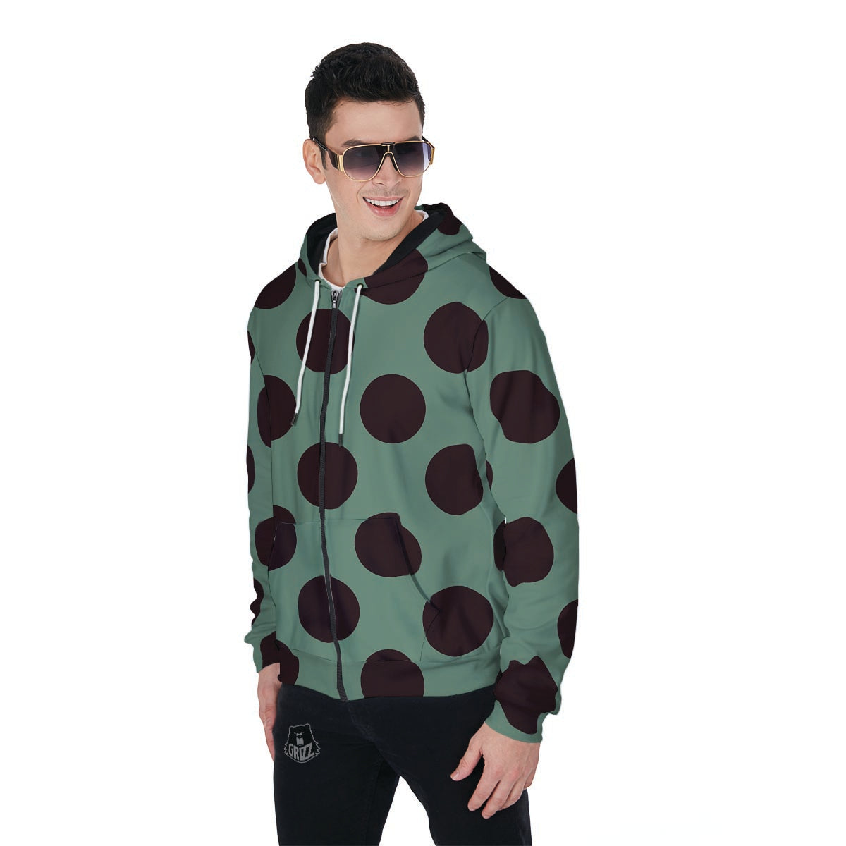Green And Black Polka Dot Men's Zip Up Hoodie-grizzshop