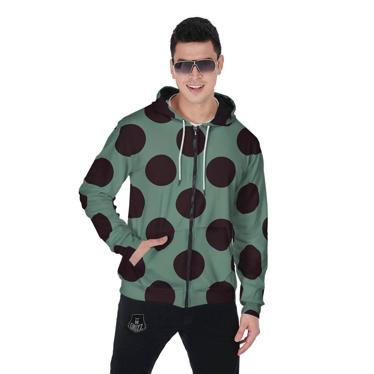 Green And Black Polka Dot Men's Zip Up Hoodie-grizzshop