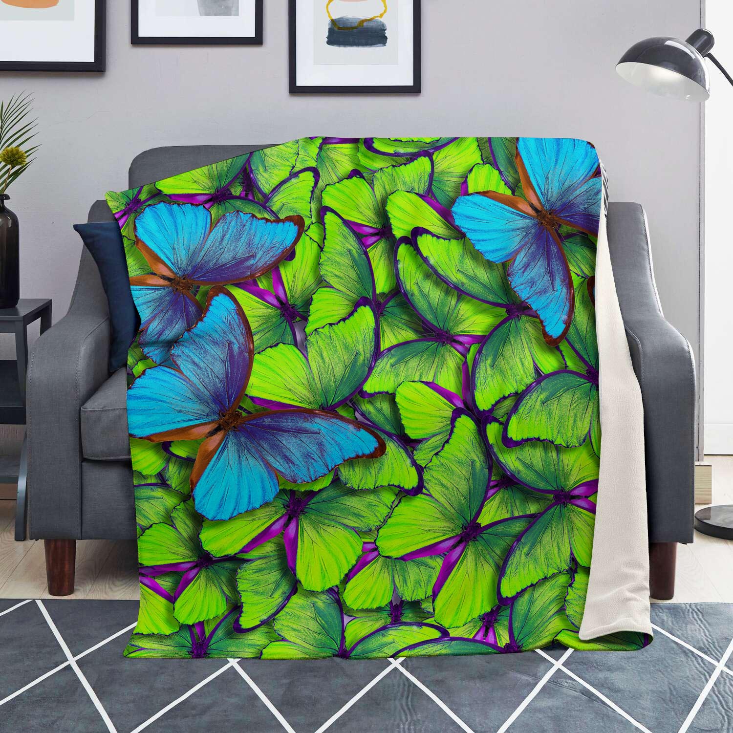 Green And Blue Butterfly Print Blanket-grizzshop