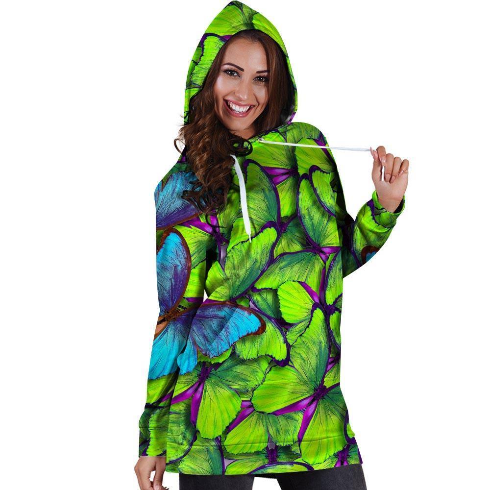 Green And Blue Butterfly Print Hoodie Dress-grizzshop