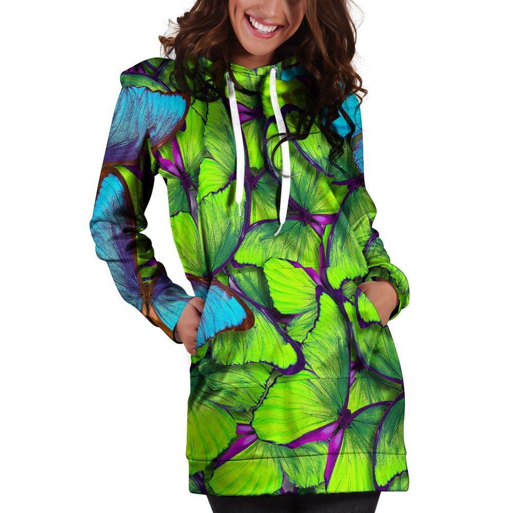 Green And Blue Butterfly Print Hoodie Dress-grizzshop