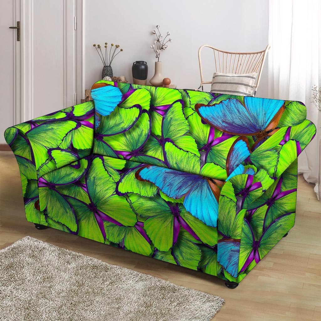 Green And Blue Butterfly Print Loveseat Cover-grizzshop