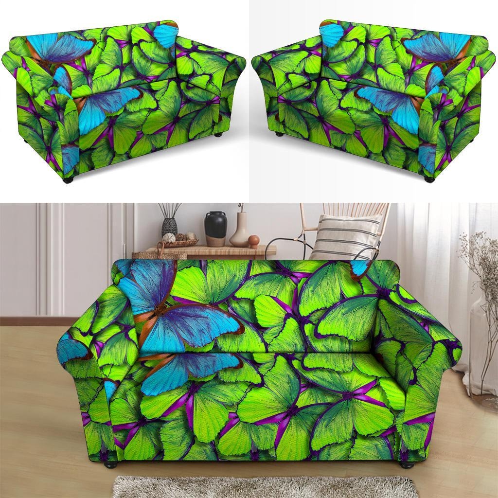 Green And Blue Butterfly Print Loveseat Cover-grizzshop