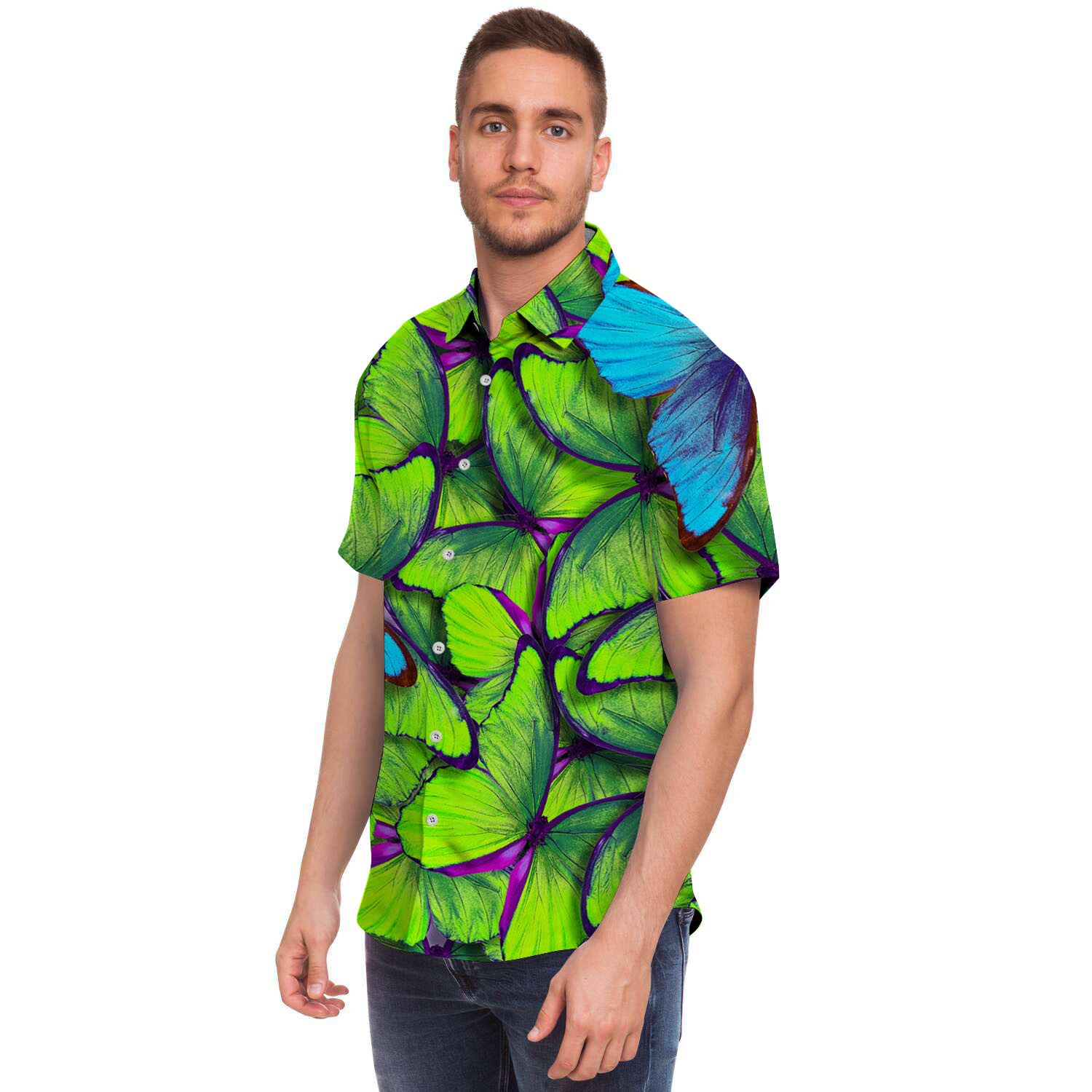 Green And Blue Butterfly Print Men's Short Sleeve Shirt-grizzshop