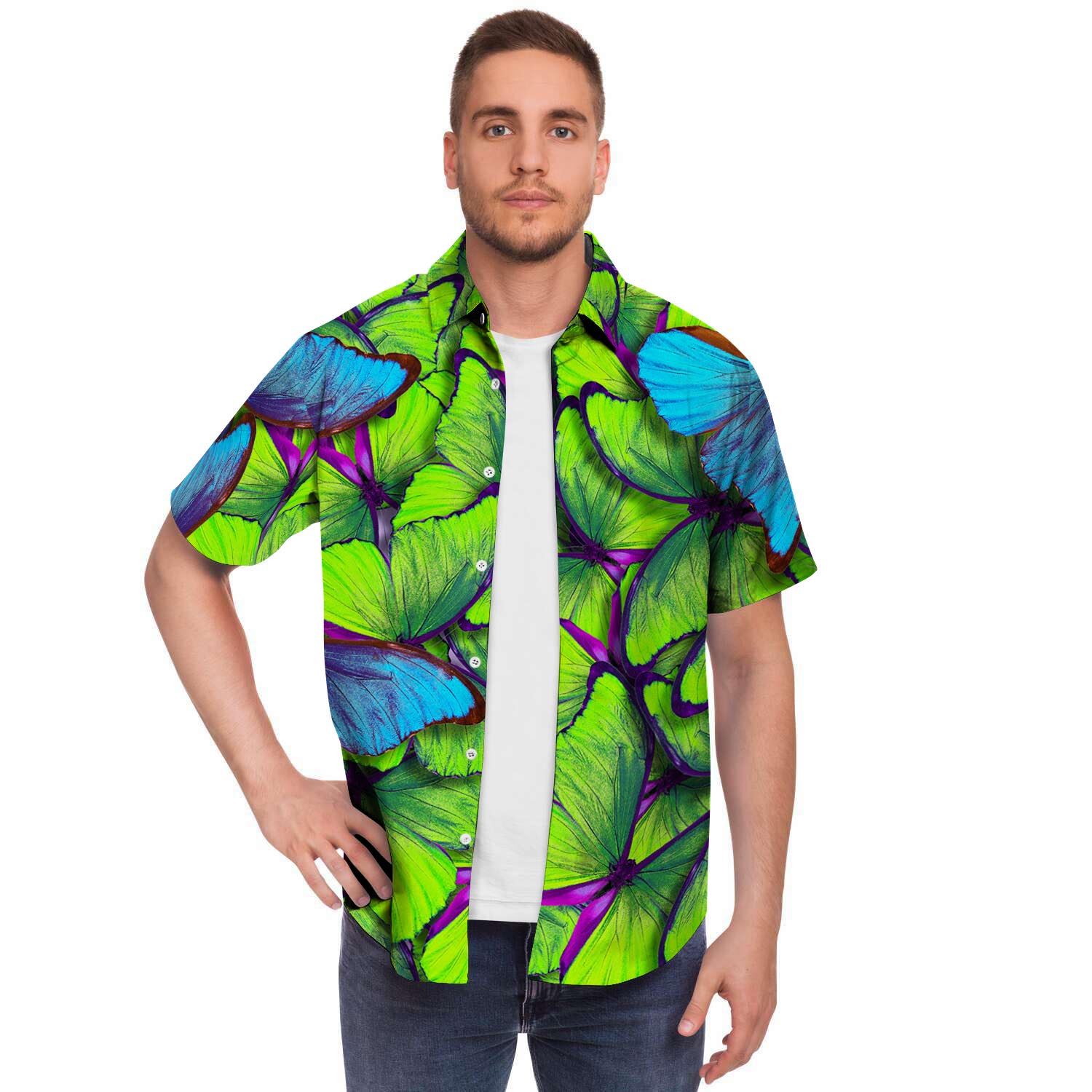 Green And Blue Butterfly Print Men's Short Sleeve Shirt-grizzshop