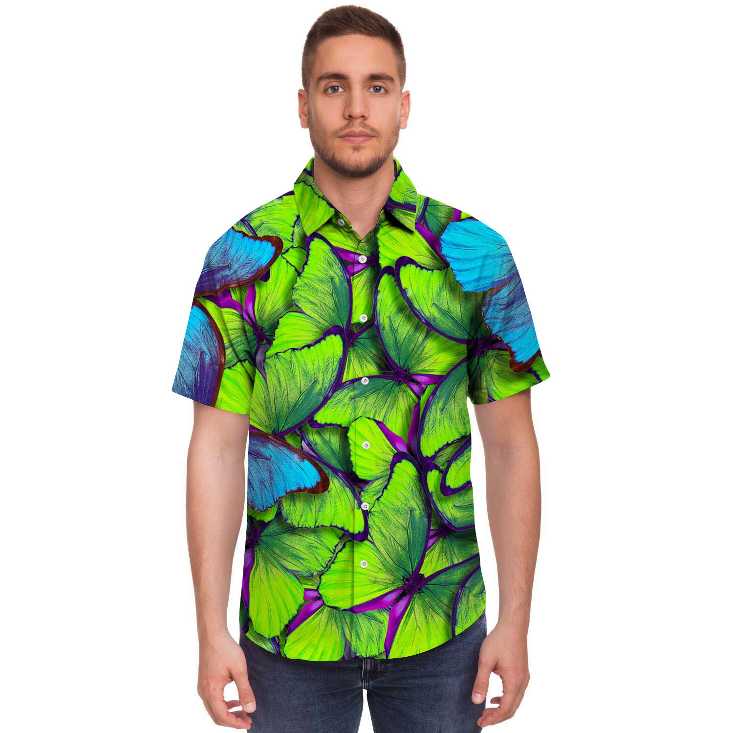 Green And Blue Butterfly Print Men's Short Sleeve Shirt-grizzshop