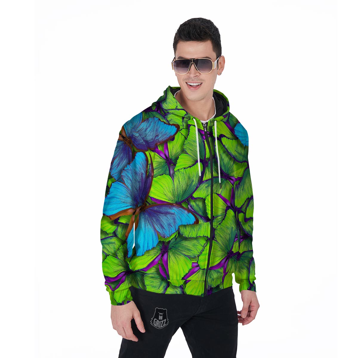 Green And Blue Butterfly Print Men's Zip Up Hoodie-grizzshop
