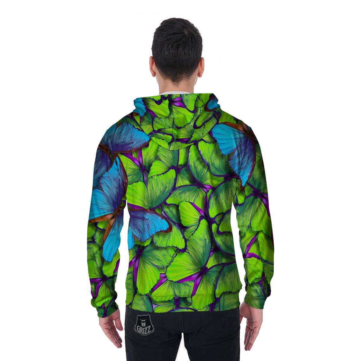 Green And Blue Butterfly Print Men's Zip Up Hoodie-grizzshop