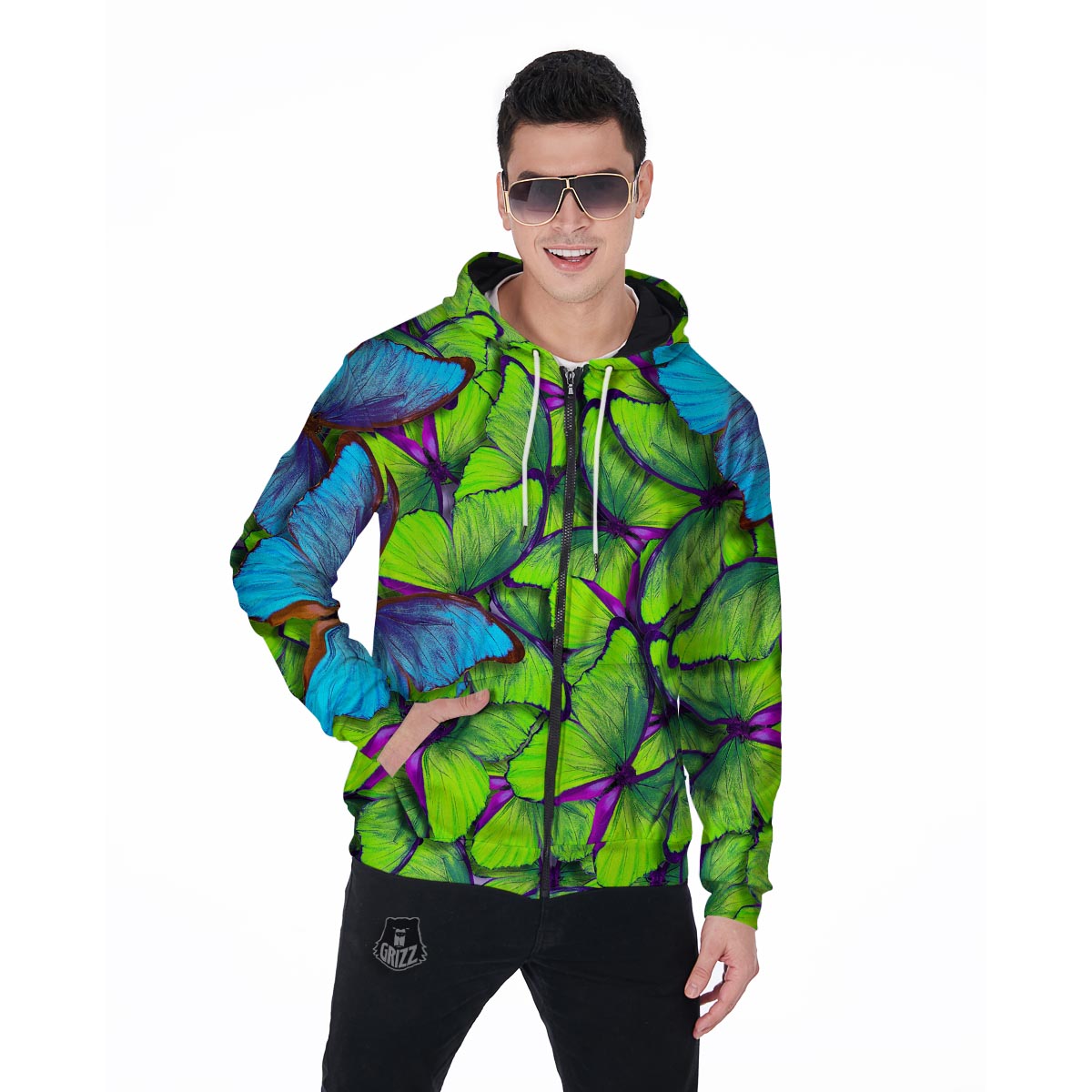 Green And Blue Butterfly Print Men's Zip Up Hoodie-grizzshop