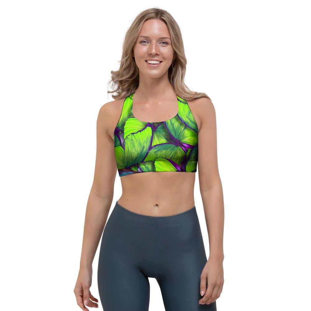 Green And Blue Butterfly Print Sports Bra-grizzshop