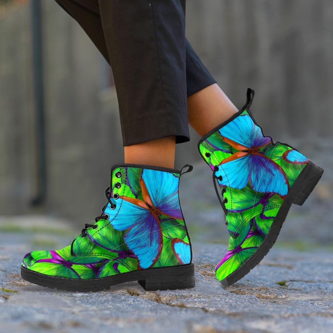 Green And Blue Butterfly Print Women's Boots-grizzshop