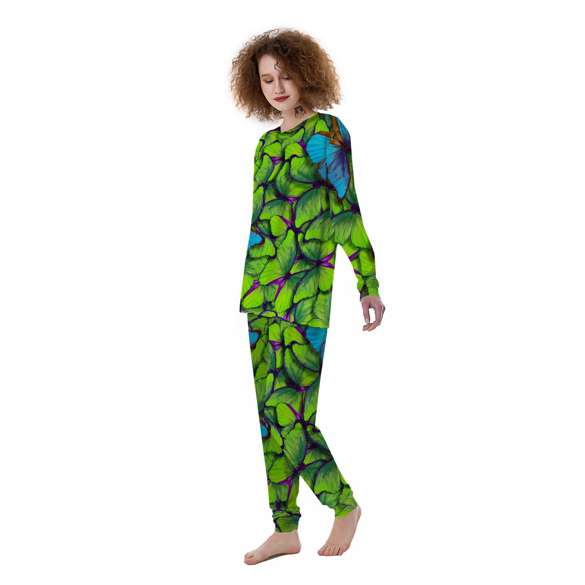 Green And Blue Butterfly Print Women's Pajamas-grizzshop