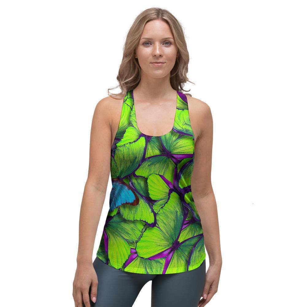 Green And Blue Butterfly Print Women's Racerback Tank Top-grizzshop