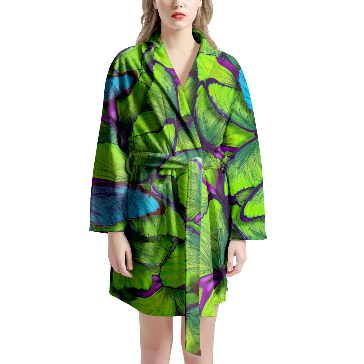 Green And Blue Butterfly Print Women's Robe-grizzshop