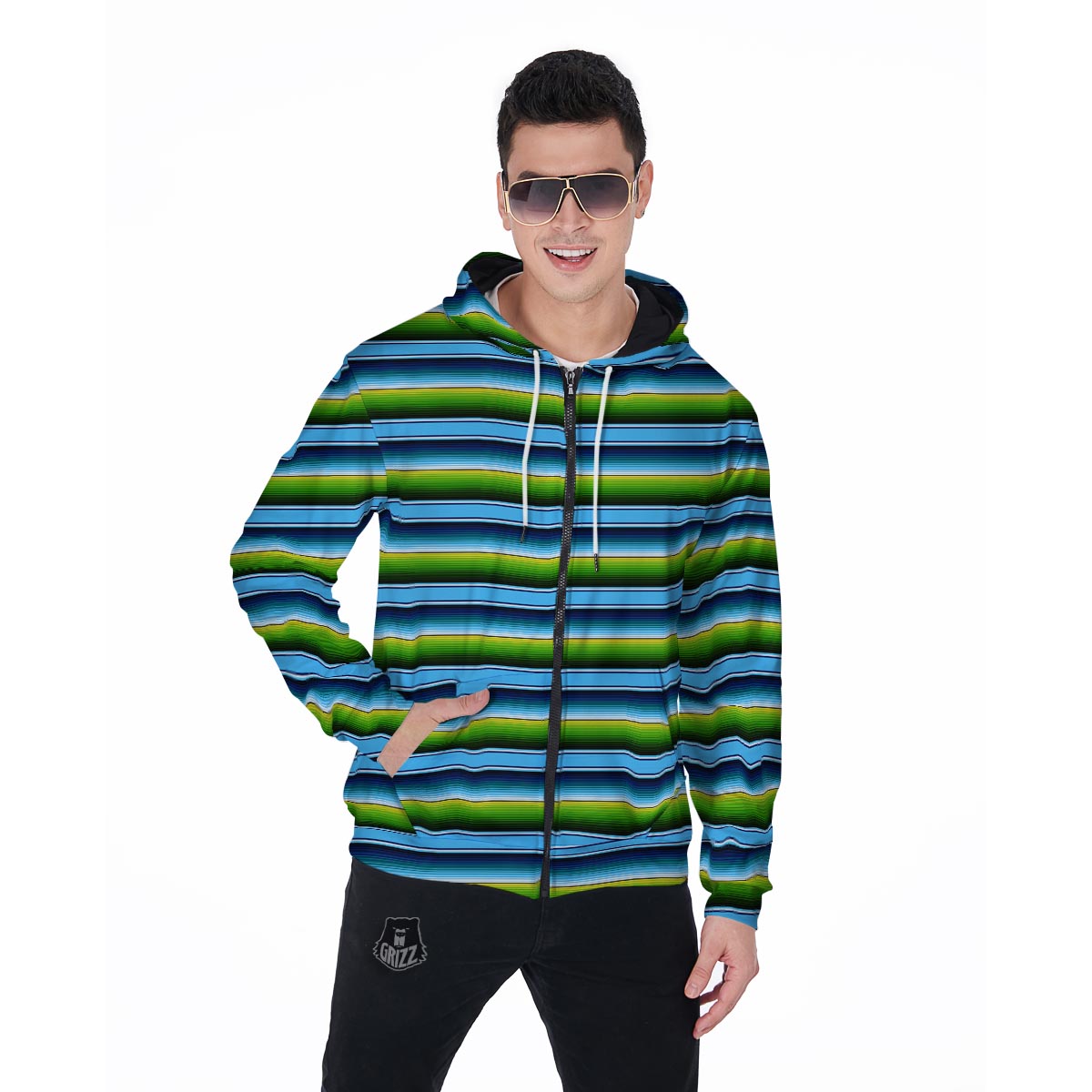 Green And Blue Mexican Baja Men's Zip Up Hoodie-grizzshop