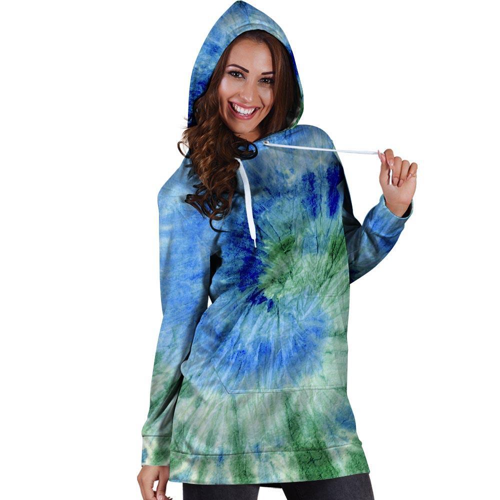 Green And Blue Tie Dye Hoodie Dress-grizzshop