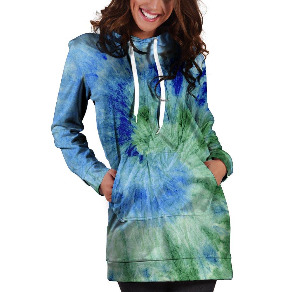 Green And Blue Tie Dye Hoodie Dress-grizzshop