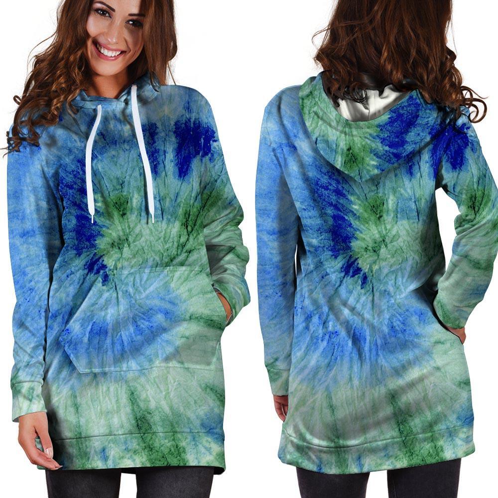 Green And Blue Tie Dye Hoodie Dress-grizzshop