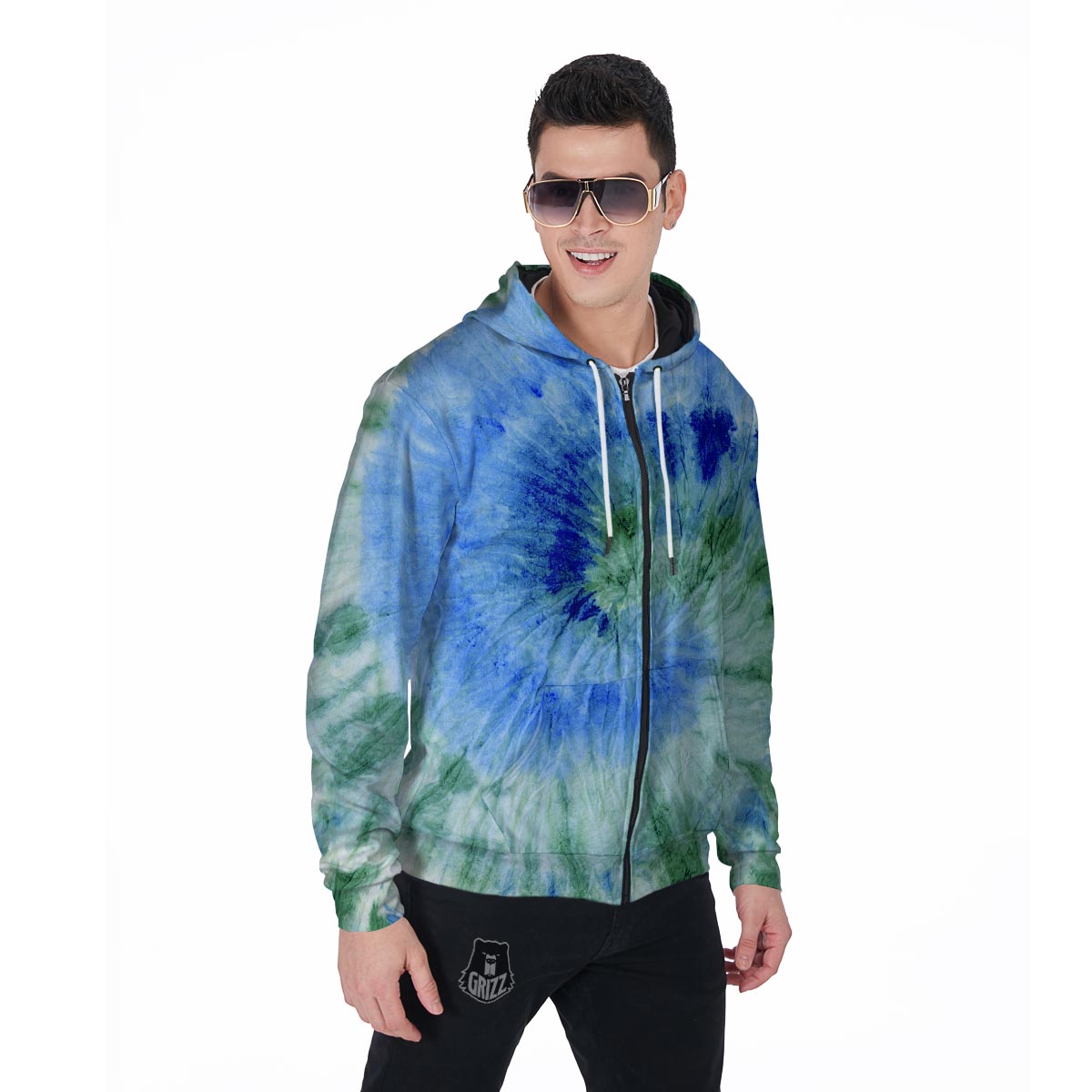 Green And Blue Tie Dye Men's Zip Up Hoodie-grizzshop