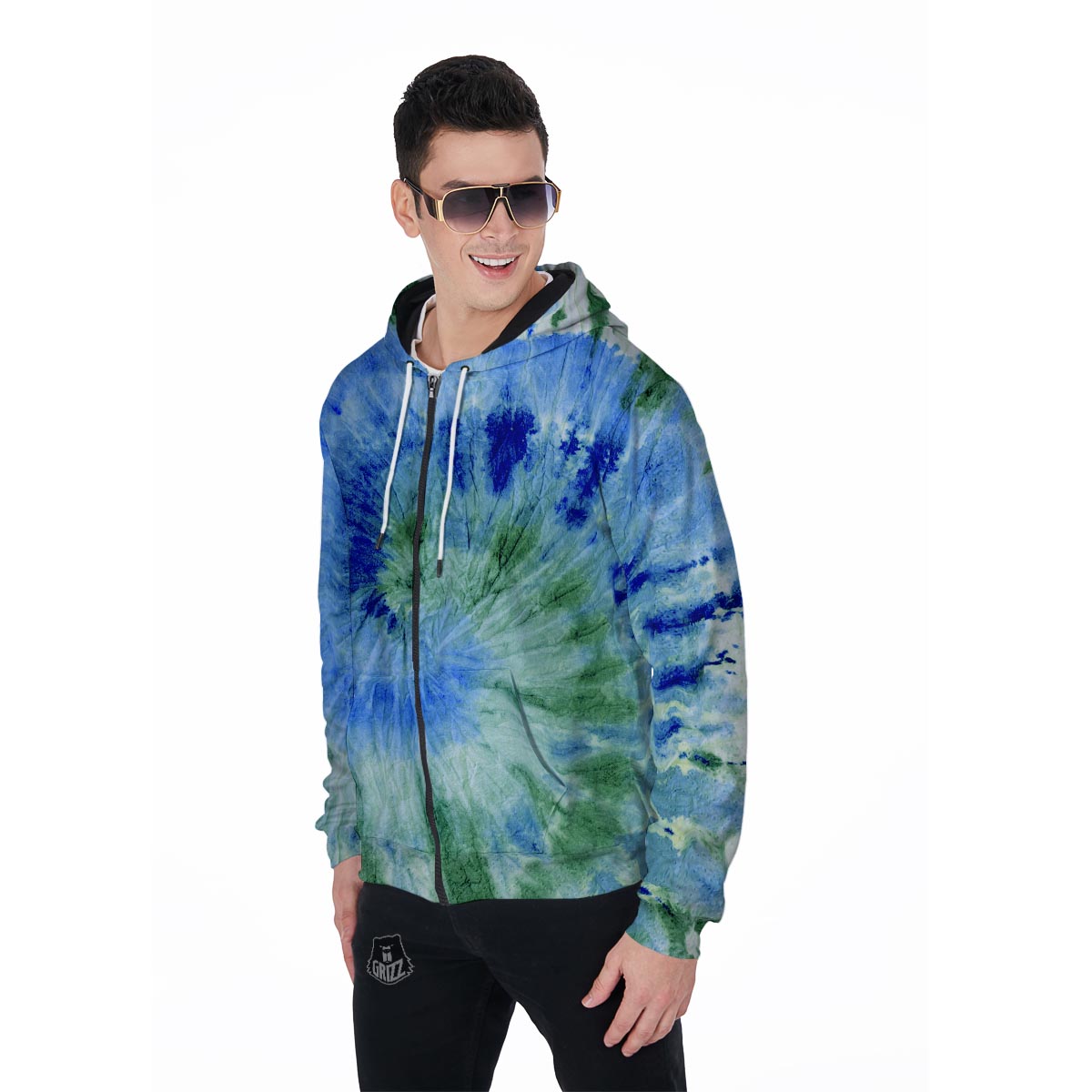 Green And Blue Tie Dye Men's Zip Up Hoodie-grizzshop