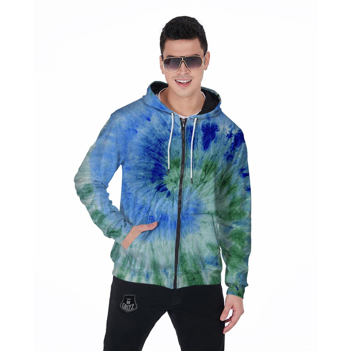 Green And Blue Tie Dye Men's Zip Up Hoodie-grizzshop
