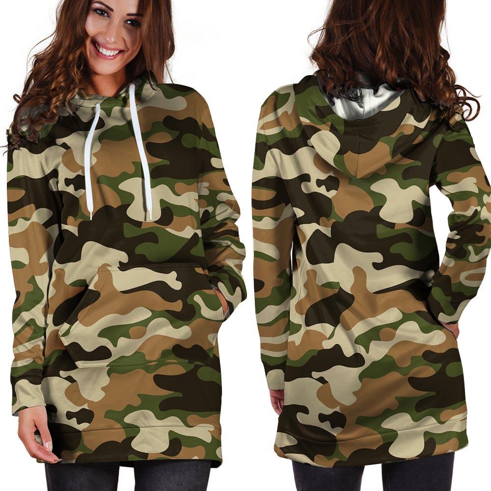 Green And Brown Camouflage Print Hoodie Dress-grizzshop