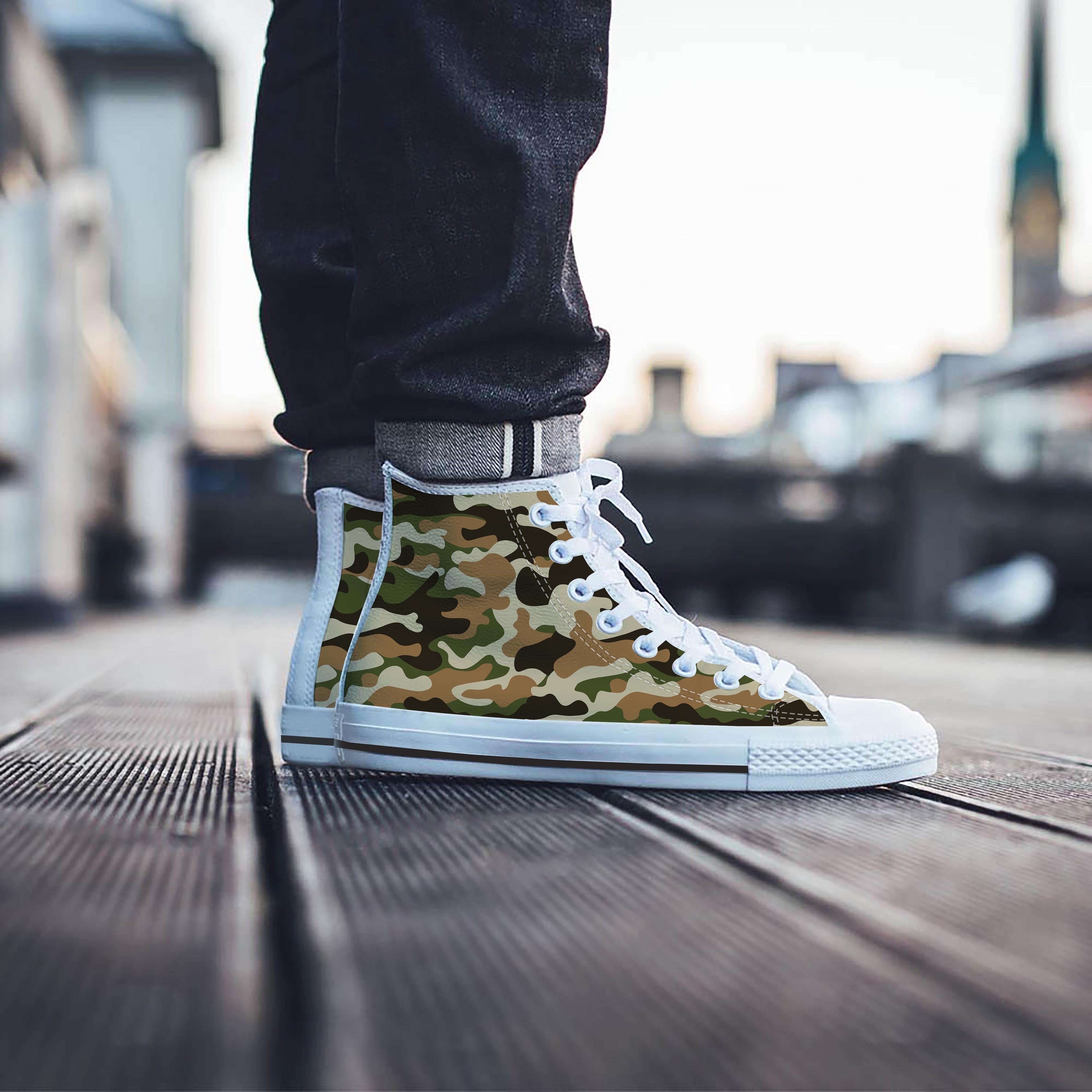 Green And Brown Camouflage Print Men's High Top Shoes-grizzshop