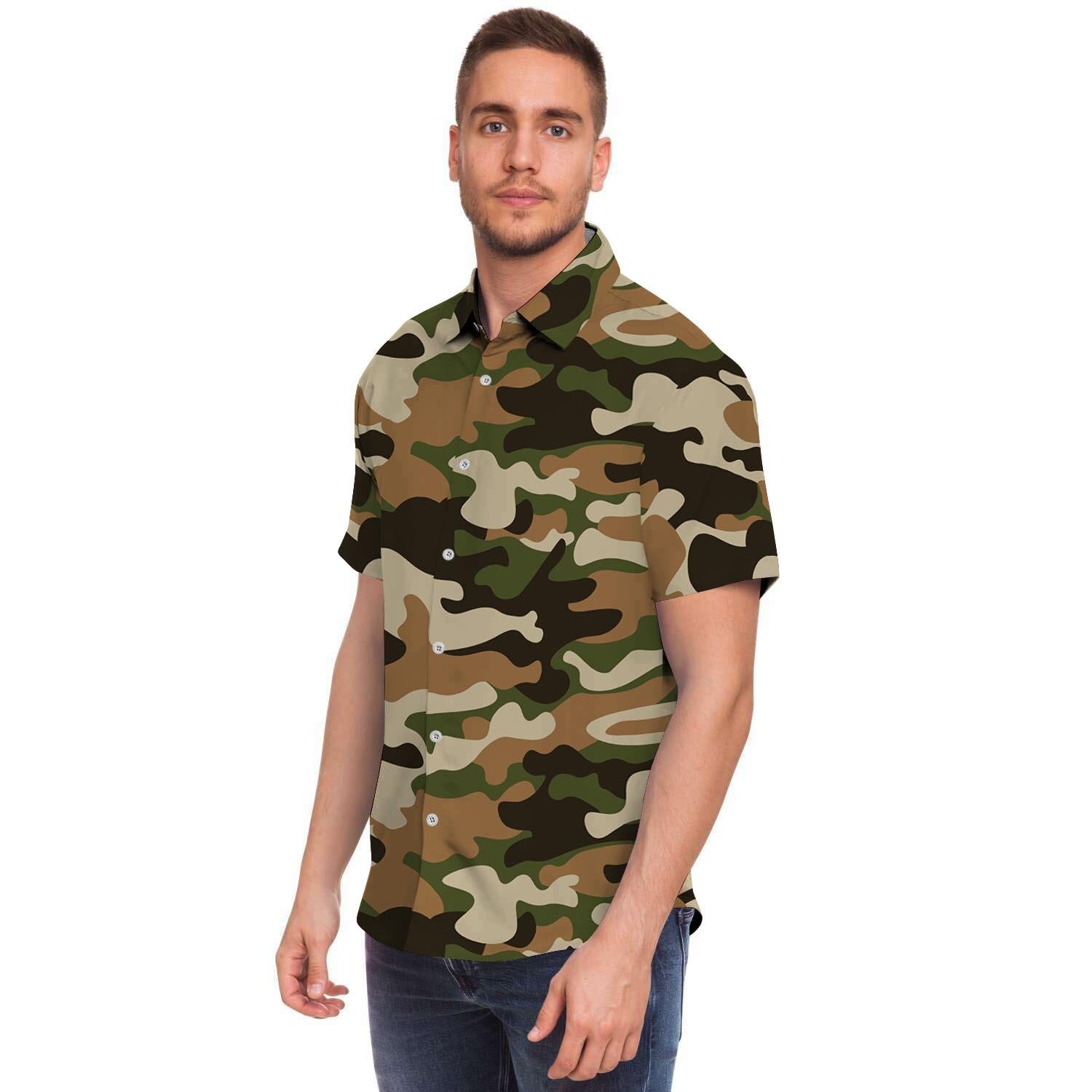 Green And Brown Camouflage Print Men's Short Sleeve Shirt-grizzshop
