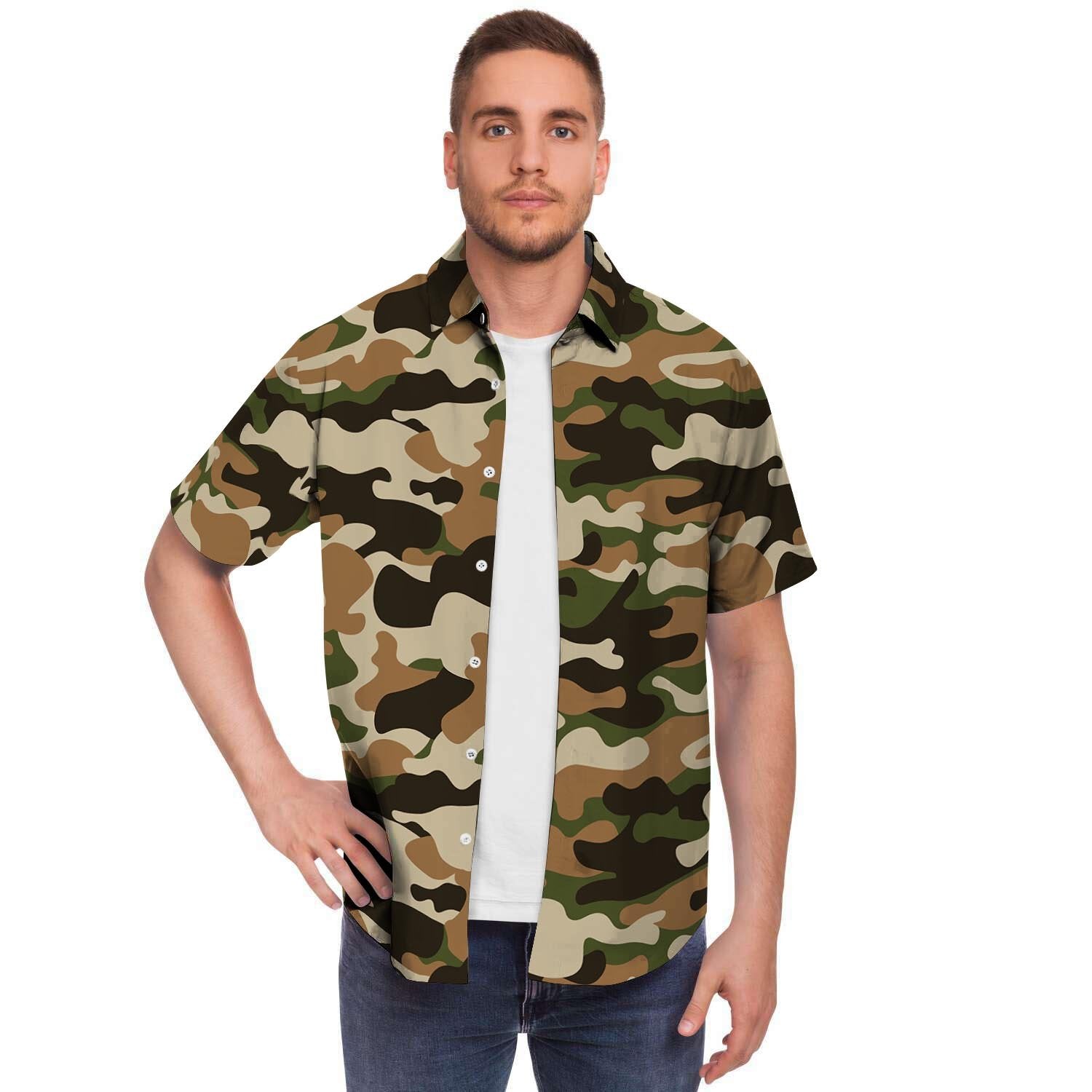 Green And Brown Camouflage Print Men's Short Sleeve Shirt-grizzshop
