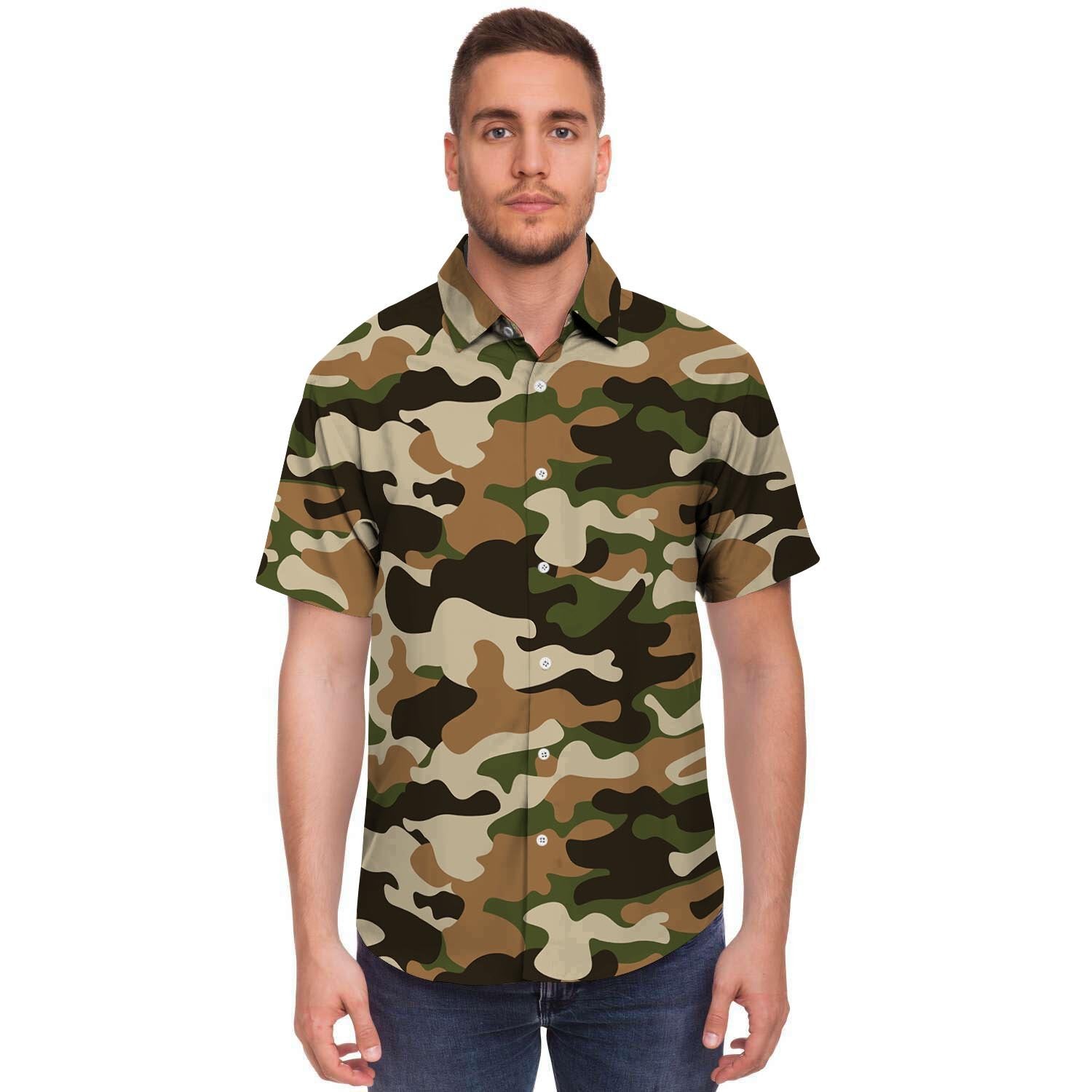 Green And Brown Camouflage Print Men's Short Sleeve Shirt-grizzshop