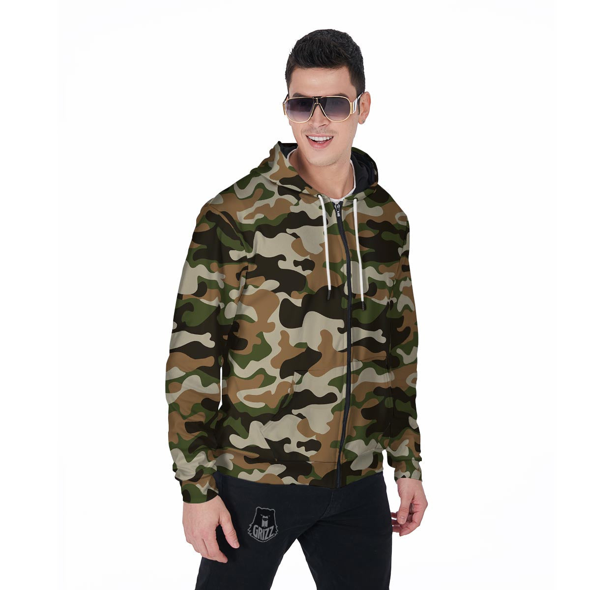 Green And Brown Camouflage Print Men's Zip Up Hoodie-grizzshop