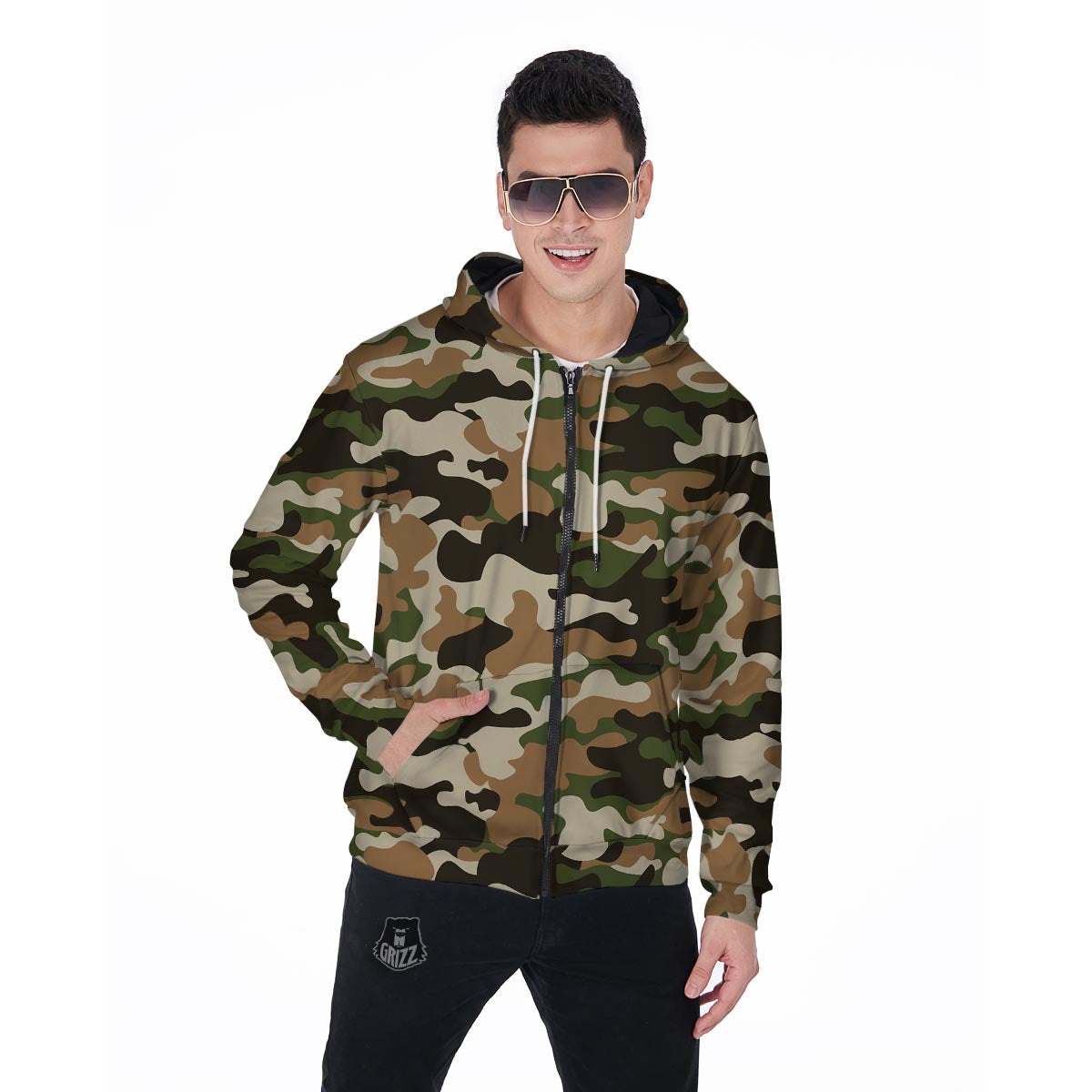 Green And Brown Camouflage Print Men's Zip Up Hoodie-grizzshop
