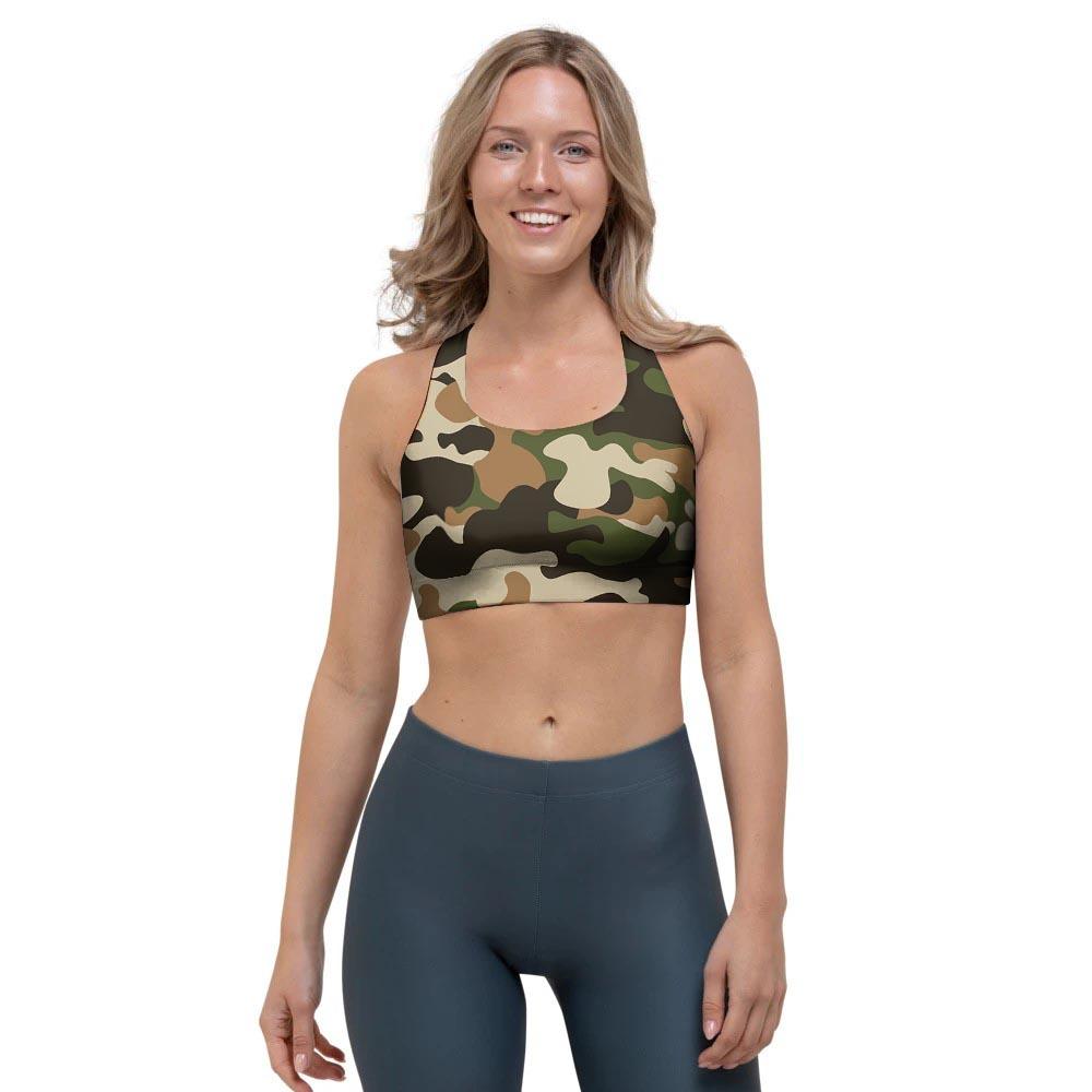 Green And Brown Camouflage Print Sports Bra-grizzshop