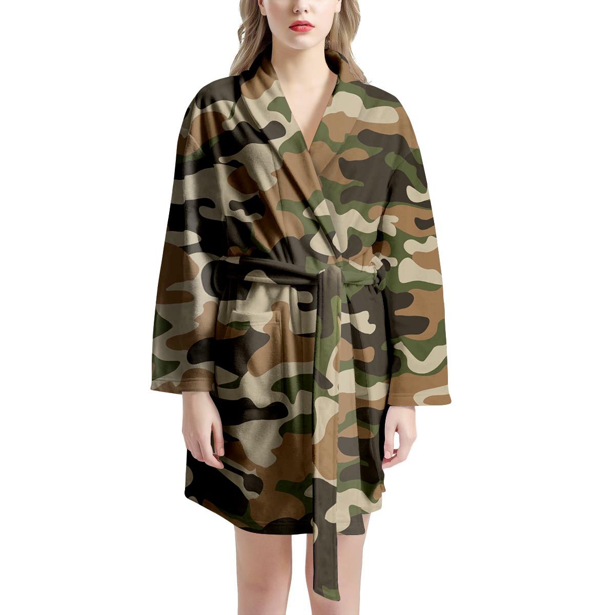 Green And Brown Camouflage Print Women's Robe-grizzshop