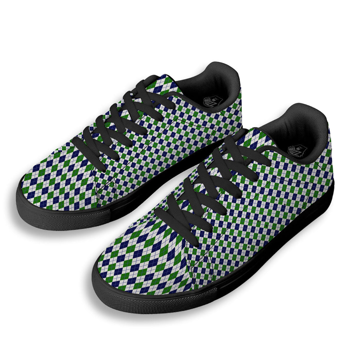 Green And White Navy Argyle Print Black Low Top Sneakers-grizzshop