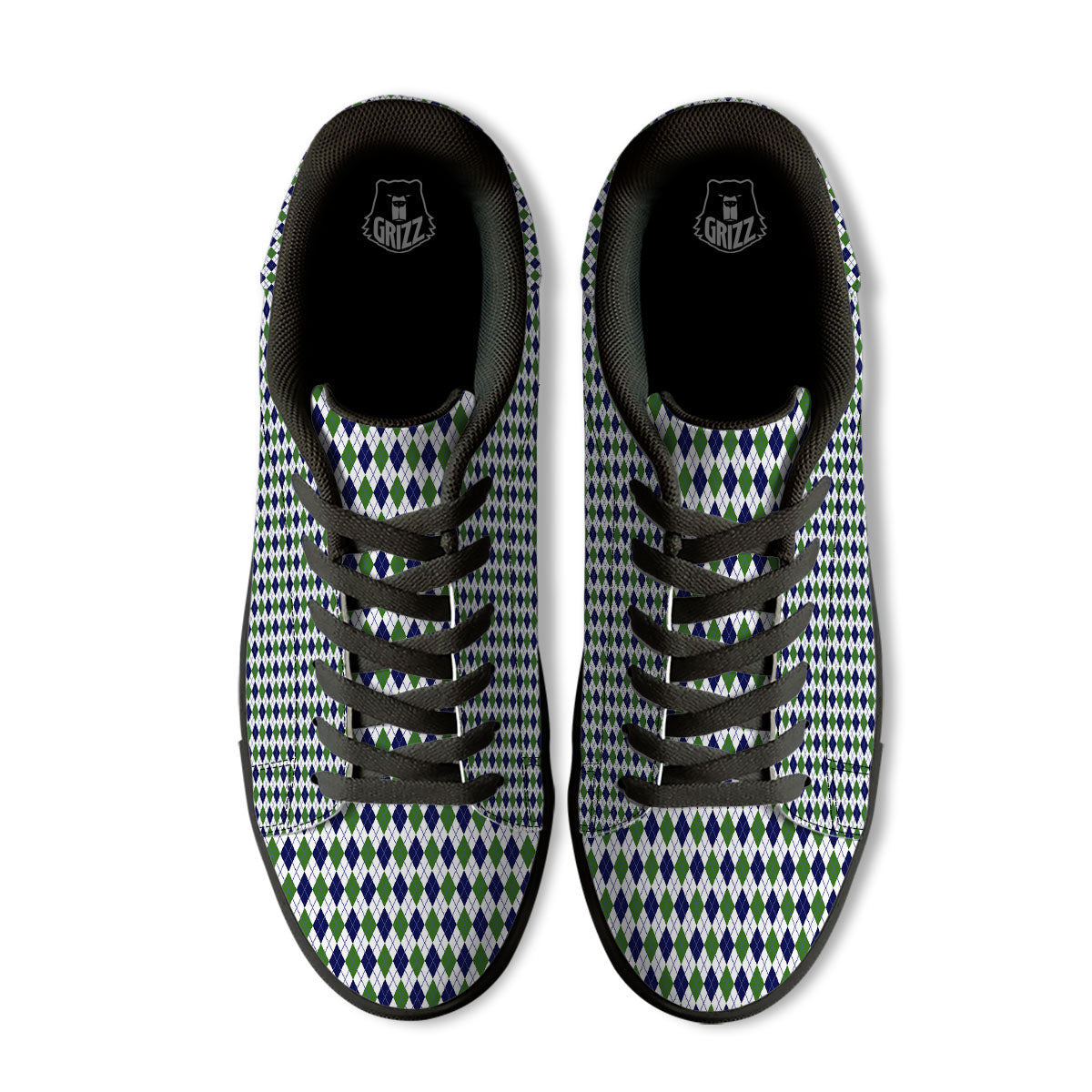 Green And White Navy Argyle Print Black Low Top Sneakers-grizzshop