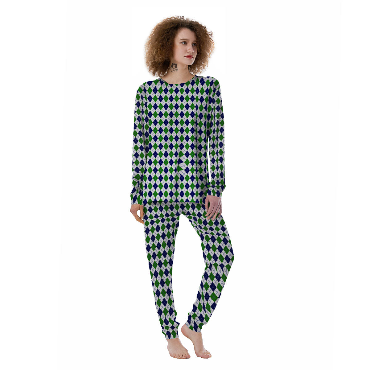 Green And White Navy Argyle Print Women's Pajamas-grizzshop