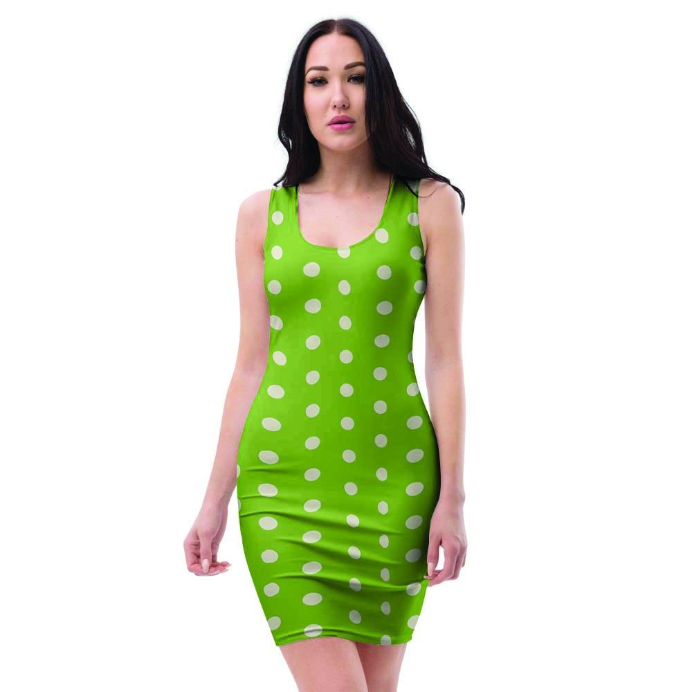 Green And White Polka Dot Bodycon Dress-grizzshop