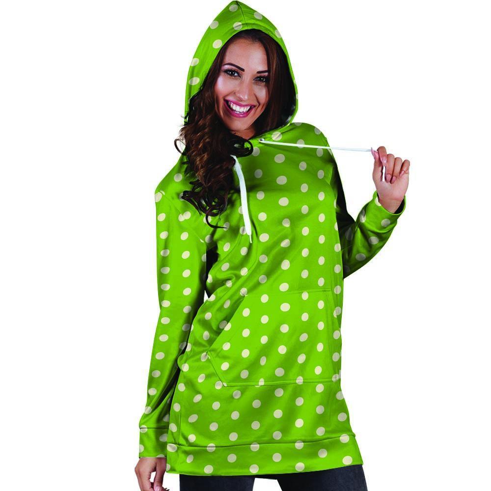 Green And White Polka Dot Hoodie Dress-grizzshop