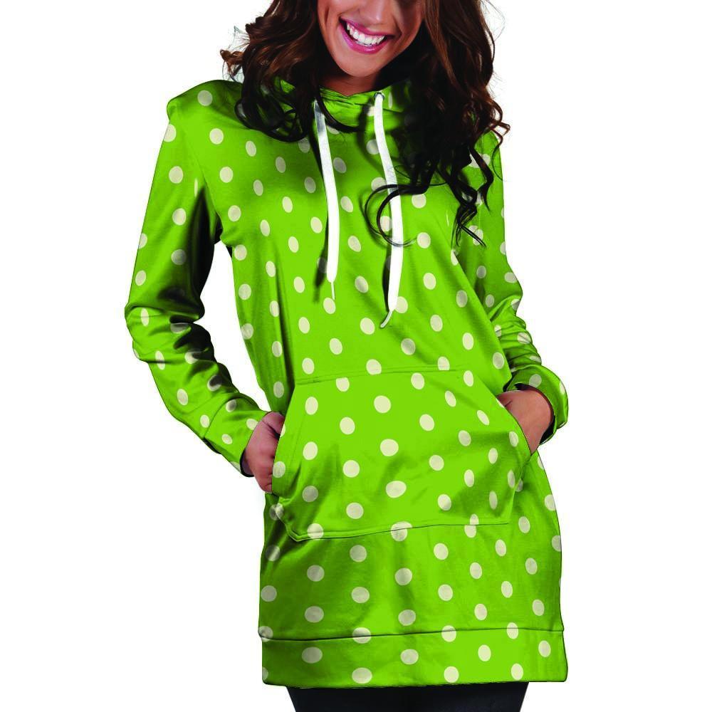 Green And White Polka Dot Hoodie Dress-grizzshop