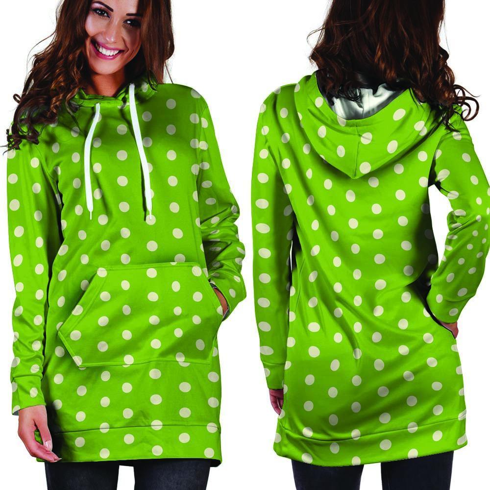 Green And White Polka Dot Hoodie Dress-grizzshop