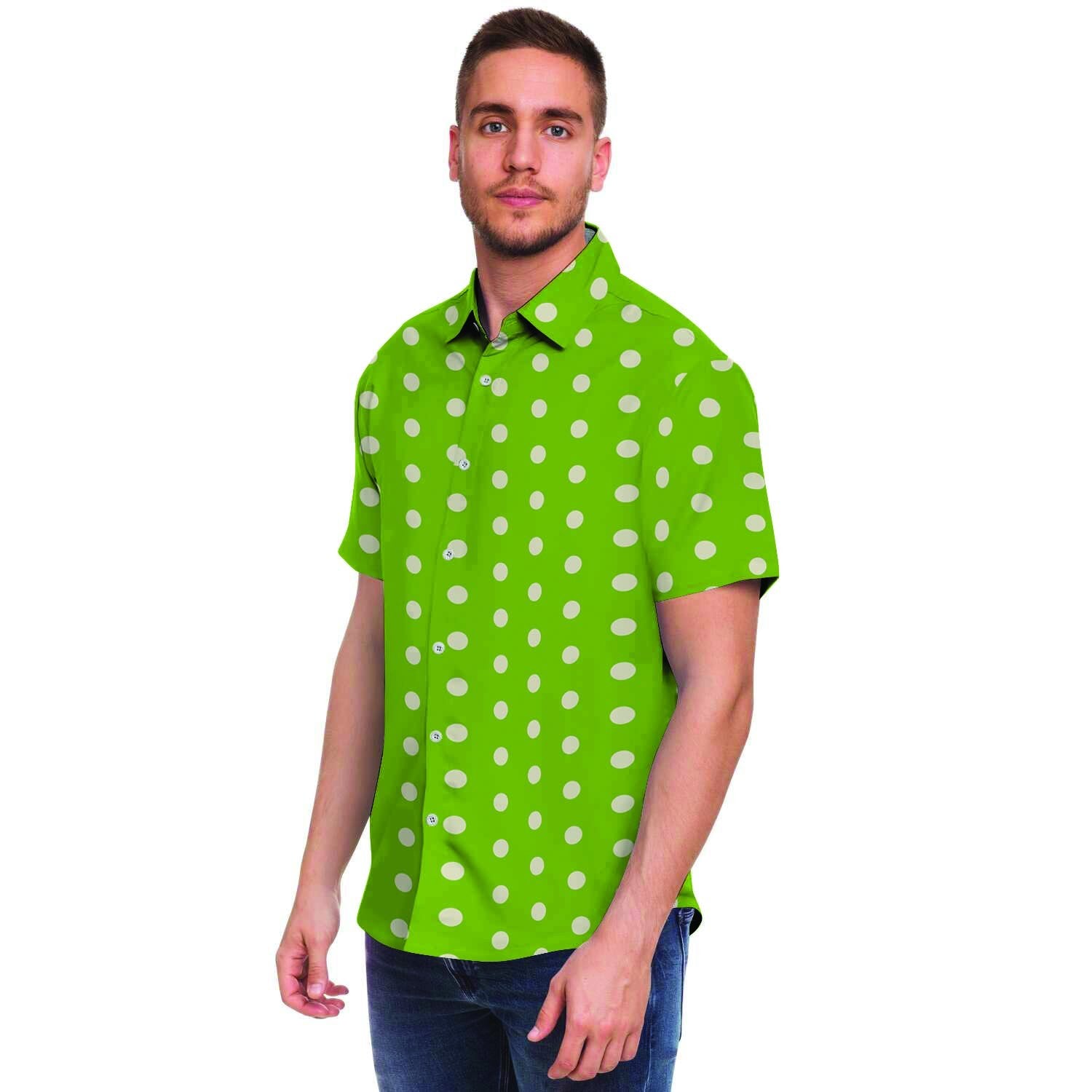 Green And White Polka Dot Men's Short Sleeve Shirt-grizzshop